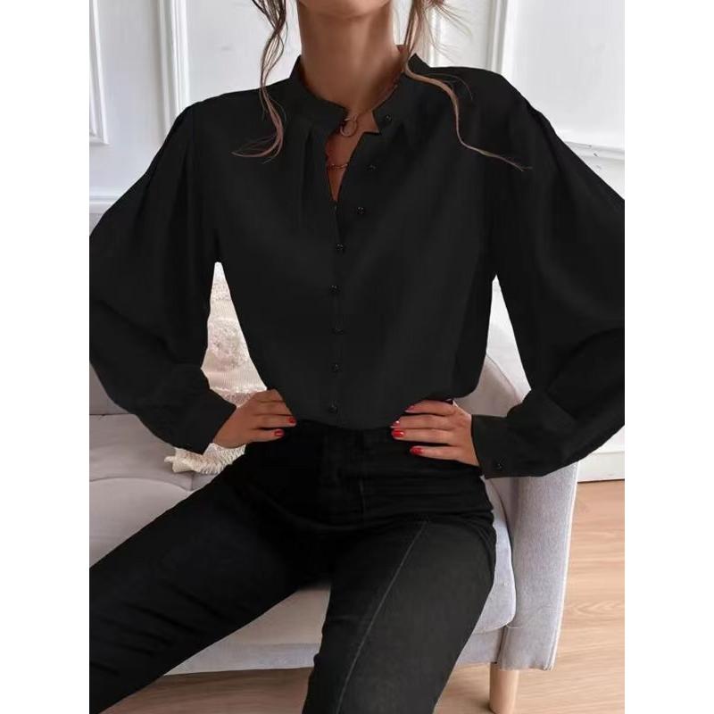 

Spring Autumn Women s Elegant Solid Color Blouse, Notched Lapel Long Sleeve Shirt with Single-Breasted Button Design, Relaxed Fit Office Casual Top XXL чёрный