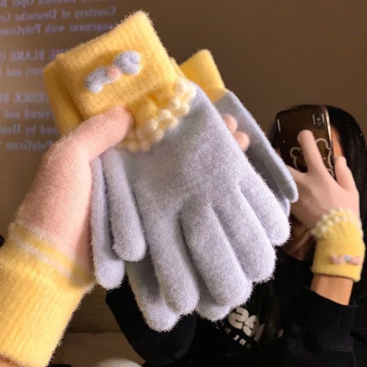 Cute Blue Plush Knitted Five Finger Gloves for Women in Autumn and Winter Warm and Velvet Thickening New Style for Cycling and Cold Protection