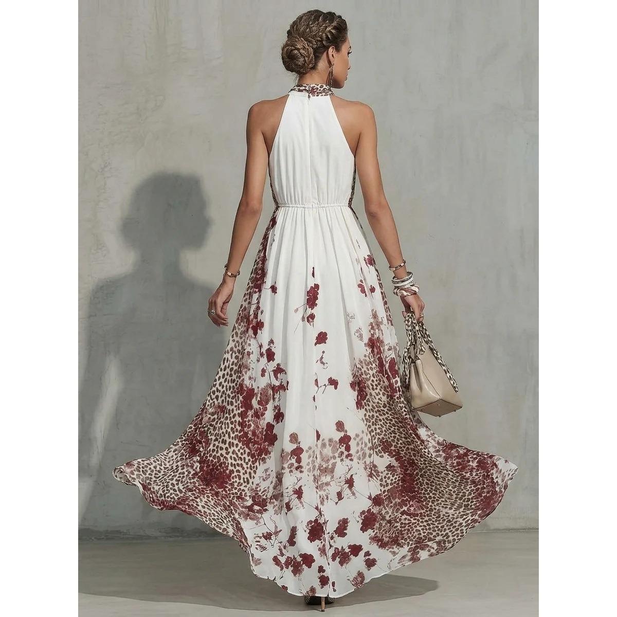 Women s Halter Neck Sleeveless High Waist Leopard Floral Print Maxi Dress Elegant Party Dress S