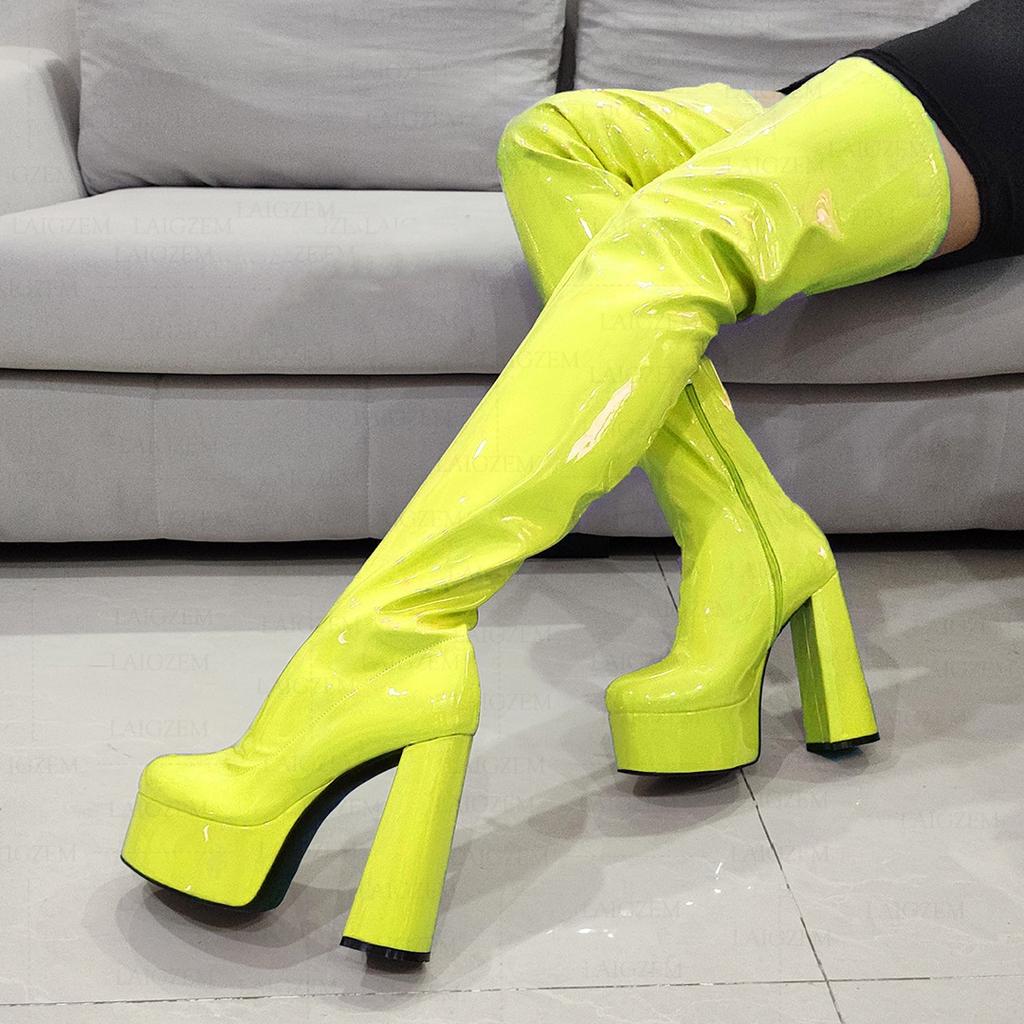 Fashion new thick heel waterproof table patent leather round head high heel white knee boots large size women's boots