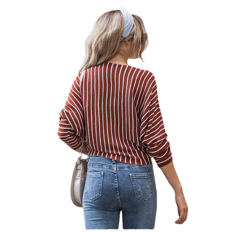 Autumn Winter 2026 Women's Striped Knit Pullover Sweater, Short/Long Sleeve, European American Style