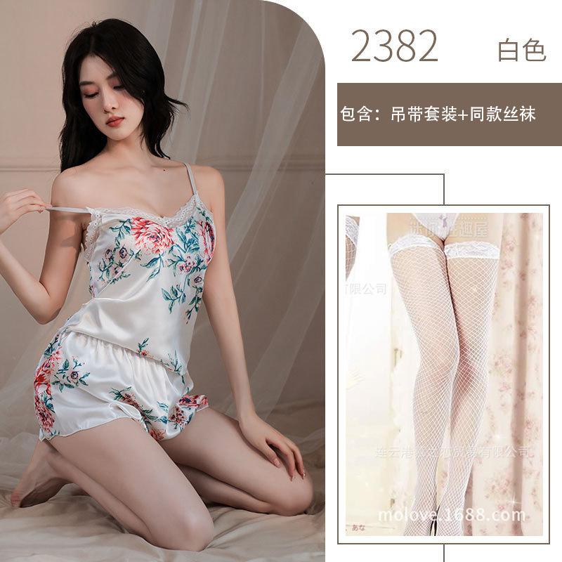 Sex Underwear Sexy Deep V Printed Suspender Lace Seduction Small Breast Shorts Set Pure Desire