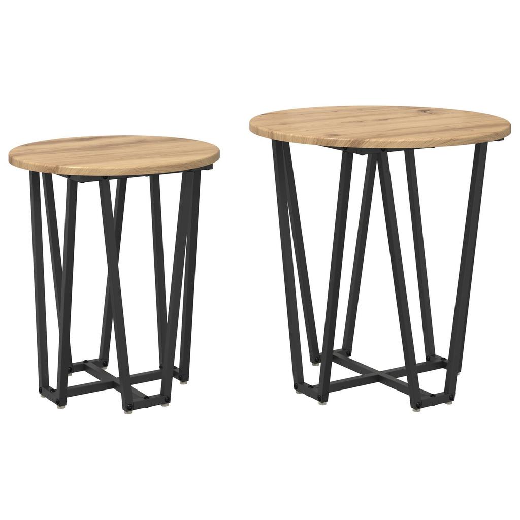 2-Piece round side table set, wooden coffee tables with metal frames, living room decoration table set