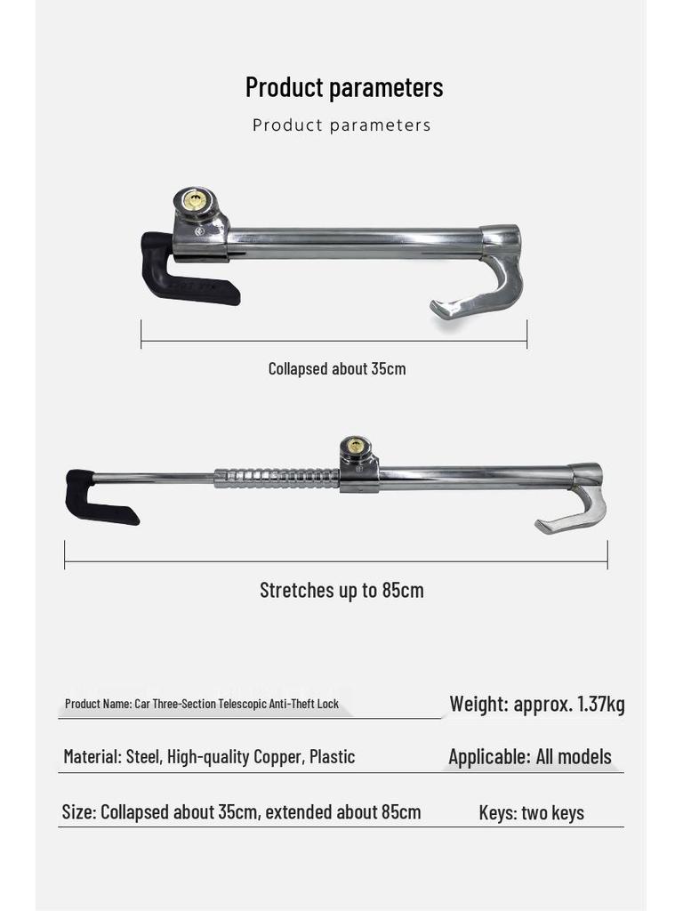 Steering Wheel & Throttle/Clutch Lock: Three-Section Double Hook Lock for Trucks & Buses.