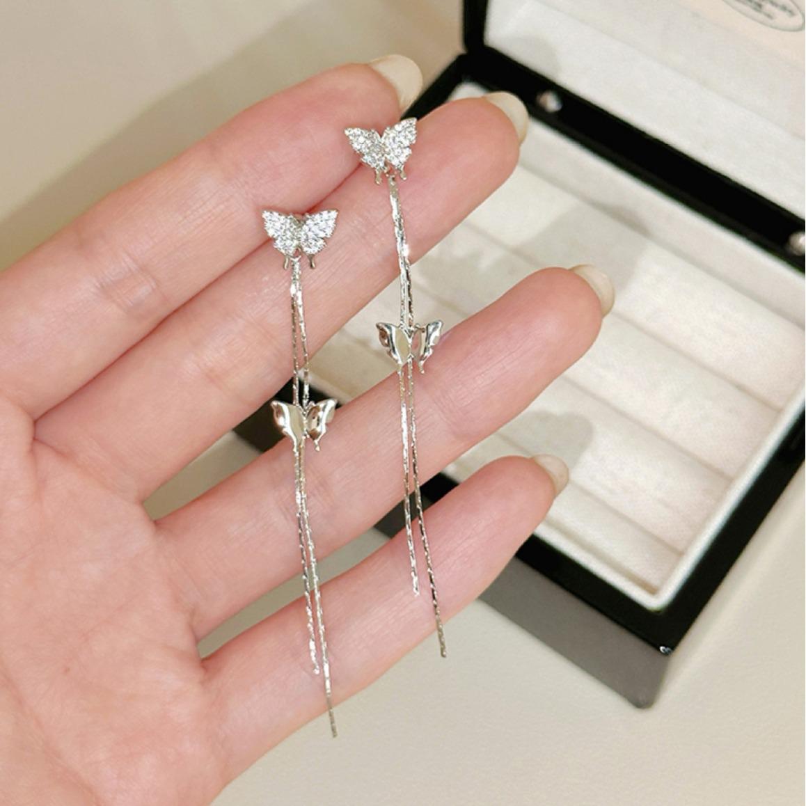 Silver Butterfly Long Tassel Earrings, Elegant Two-Way Design, Versatile and Sweet Ear Jewelry