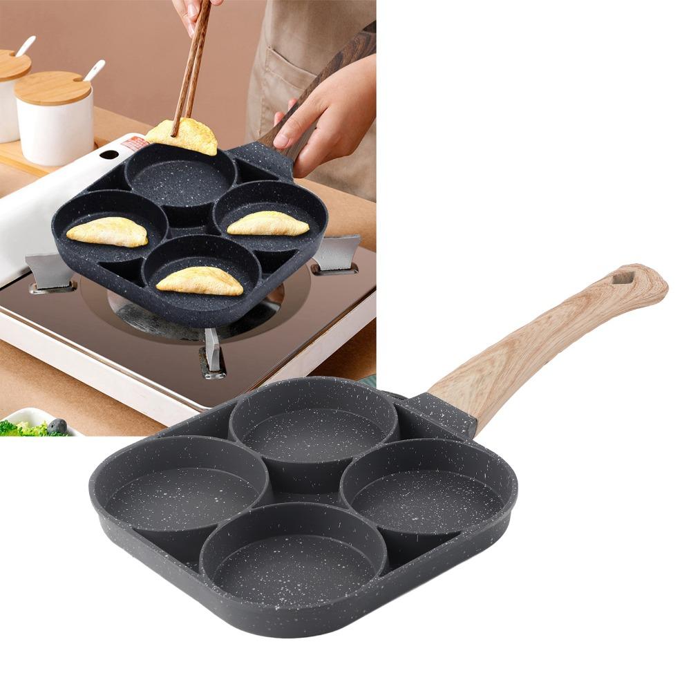 4 Cup Egg Pan Non-Stick Wood Handle Pancake Pan Heavy Duty Aluminum Alloy Breakfast Skillet Bacon/Burgers/Omelet