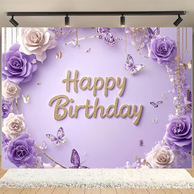 

2D Lavender Floral Butterfly Happy Birthday Backdrop Purple Gold Party Photo Background 47.2x31.5inch/120*80cm