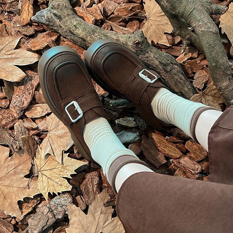 Studiolee Round Head Metal Word Strap Heightened Thick Heel Thick Sole Small Leather Shoes Women's Spring and Autumn