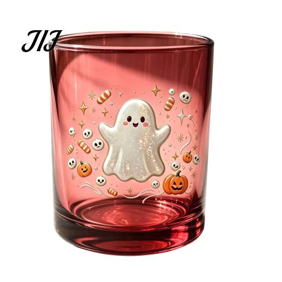 Cute Ghost Drinking Glasses Halloween Glass Cup, Colorful Gradient Aesthetic Tumbler with Whiskey Juice Soda Pumpkin Skull Print, Spooky Party