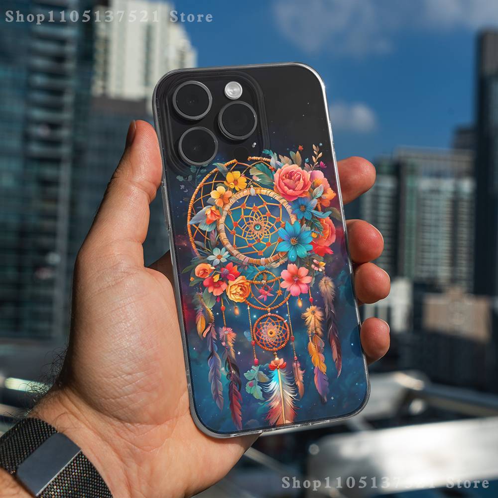 Feather Art Dreamcatcher Phone Case For iPhone 17,16,15,14,13,12,11 Pro,Max,Plus,X,XS,XR,SE4,E Mini Transparent Soft Cover