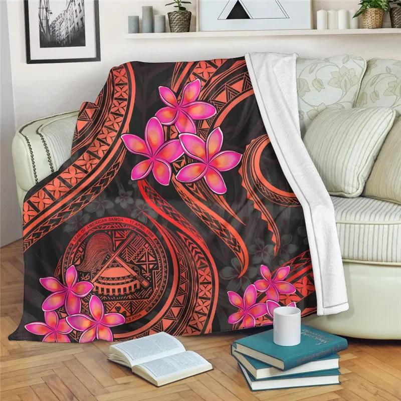 Hawaiian Polynesian Plumeria Pattern Flannel Throw Blanket Soft Lightweight Warm Decoration Soft Bed Home Sofa Kids Adults Gifts