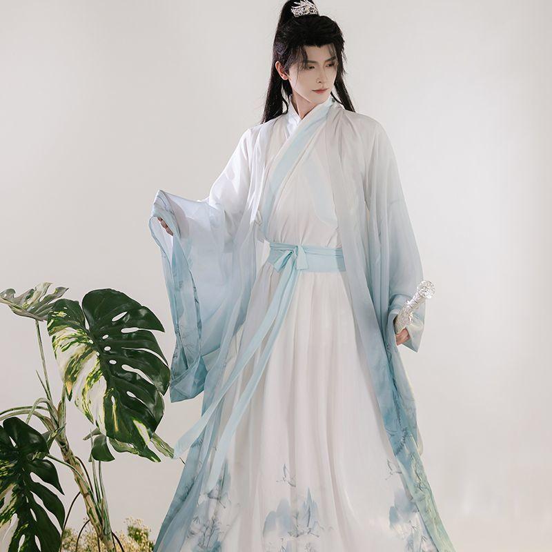 Chinese Wei And Jin Dynasty Style Hanfu Large-sleeved Shirt Ink Printing And Dyeing Suit, Daily Knight Suit