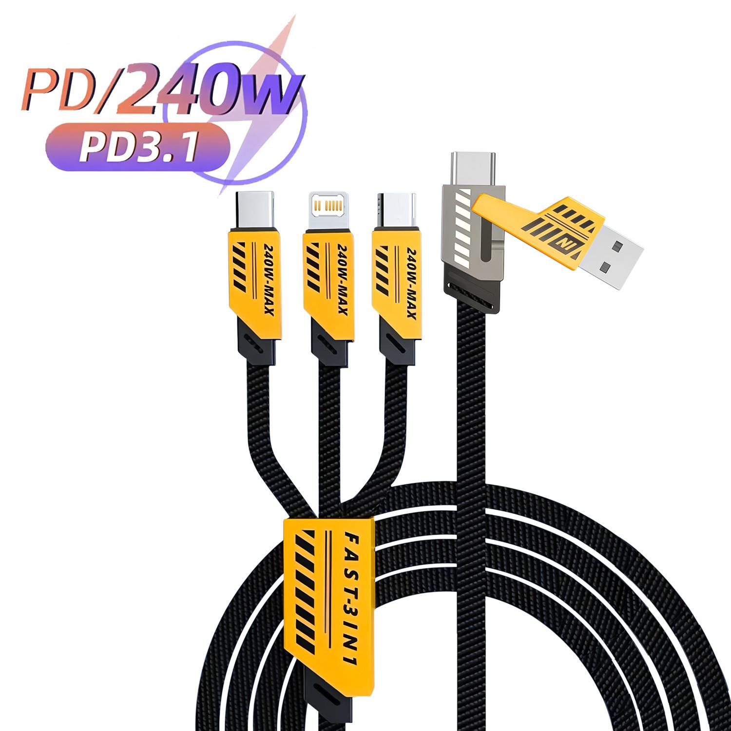 

3-в-1 USB-кабель для зарядки 6A 240 Вт для Huawei/Honor Портативный Micro USB TypeC Кабель для зарядки для iPhone 15 Samsung 1.2m чёрный