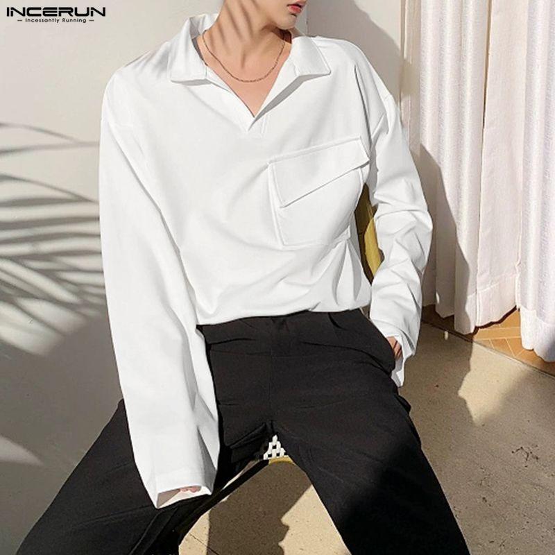 INCERUN Oversized Men Lapel Neck Long Sleeve Solid Loose Casual T-Shirts Tops