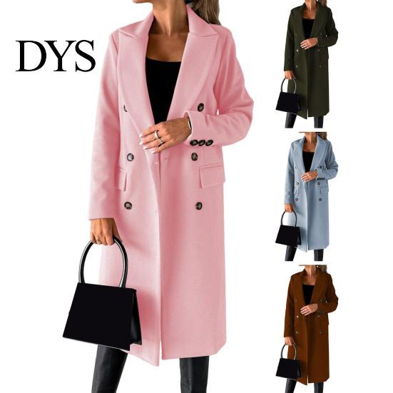 Lapel Collar Coat Women Woolen Jacket Turn-down Solid Color Double-breasted Mid Daily Wear Length Thermal Long Sleeved Commuting Dating Spring