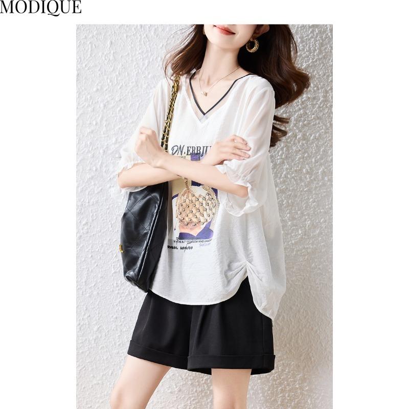 MODIQUE Spring Summer Plus Size New Women Loose Fashion Print Blouse Shirts Female Casual Oversize Short Sleeve V-Neck Top Basic White