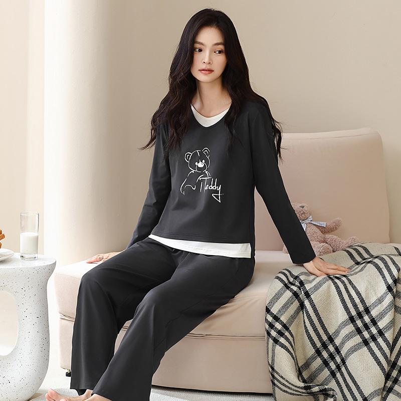 Pajamas Women's Spring and Autumn Pure Cotton Long-sleeved Autumn Cotton Thin Casual Fake Two Autumn and Winter High-end Loungewear