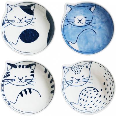 Set de 4 assiettes-bols Ishimaru Togei Coneco Motif Chat Passe au Micro-ondes Lave-vaisselle