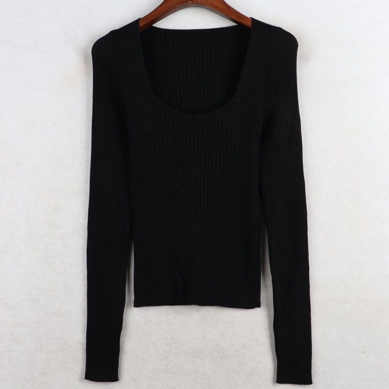 Sunshine House New Arrival Export European and American Women's Clothing Square Collar Slimming Slim Looking Elastic Knitwear Sweater Bottoming Shirt