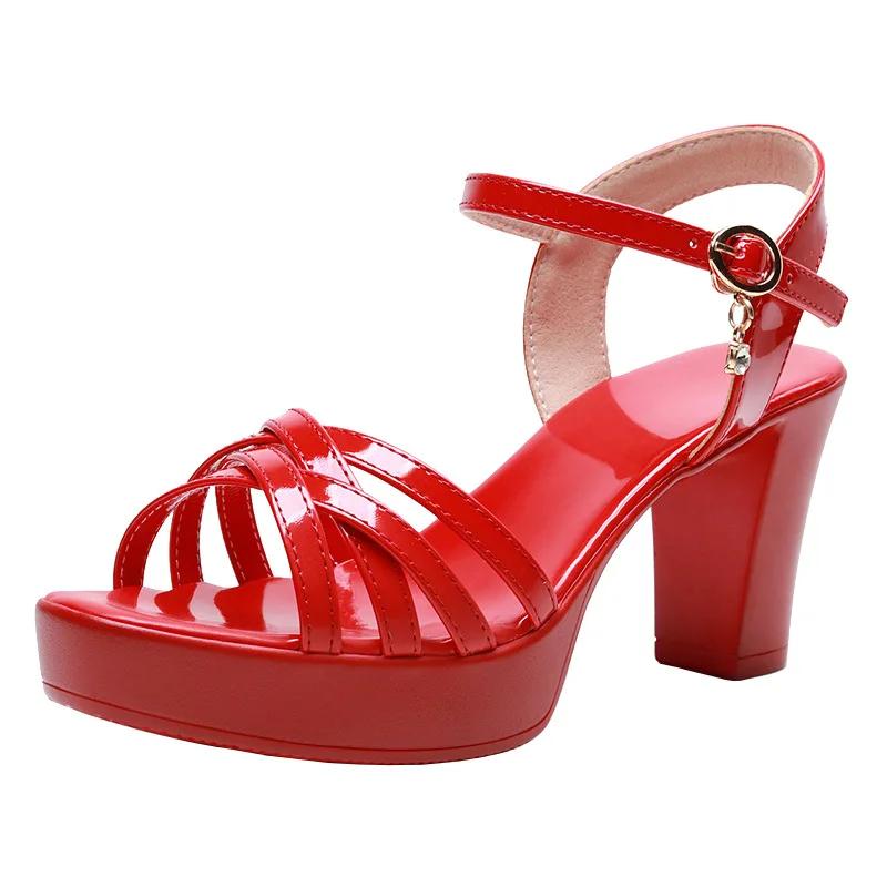 Small Size 33-43 Elegant Patent Leather Shoes Women's Platform Sandals Summer 2025 Block High Heels Sandals Office Model Mom