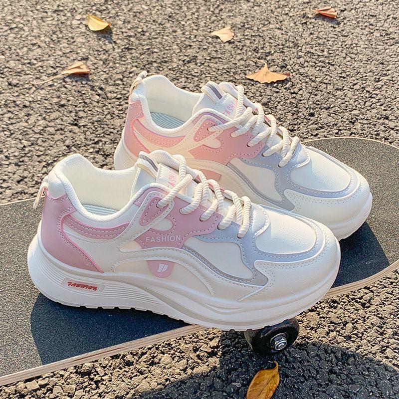 Lätta damvinterskor med mjuk sula, läderovandel, sportiga pappaskor med högre sula, lätta, slitstarka löparskor