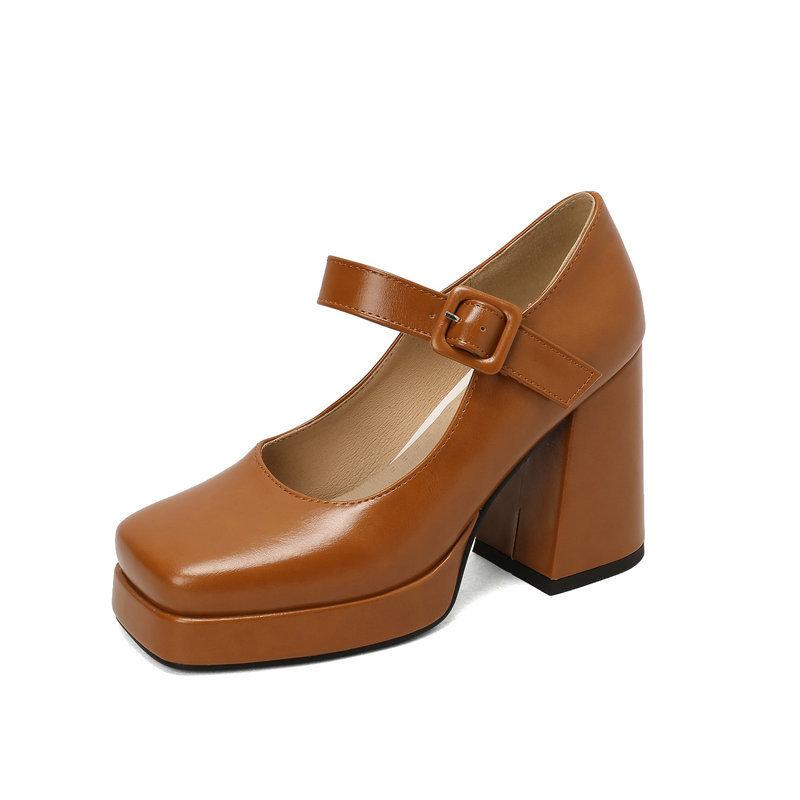 Women's Shoes Square Toe Retro Thick Heel Ultra High Heel Button Strap Women's Single Shoes Waterproof Platform Thick Sole