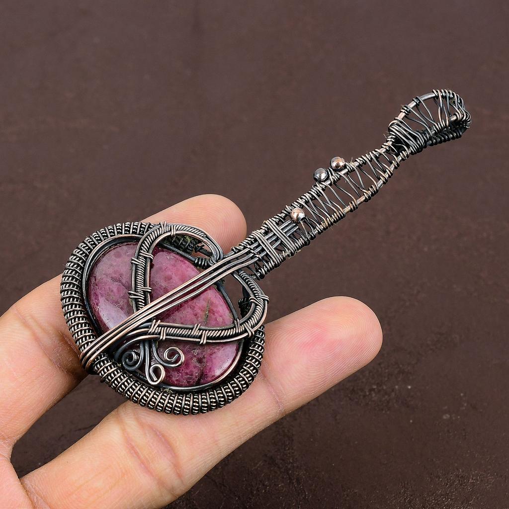 Rhodonite Handmade Copper Wire Wrap Guitar Pendant 3.1" l2l47