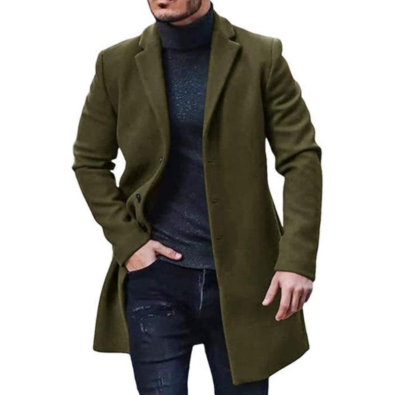 Men Winter Solid Color Suit Coat Lapel Long Sleeve Flap Pockets Single Breasted Mid Length Warm Jacket Overcoat
