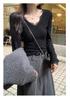 WASSUP AMAZING Women's V-Neck Lace-Trimmed Long Sleeve Knit Top