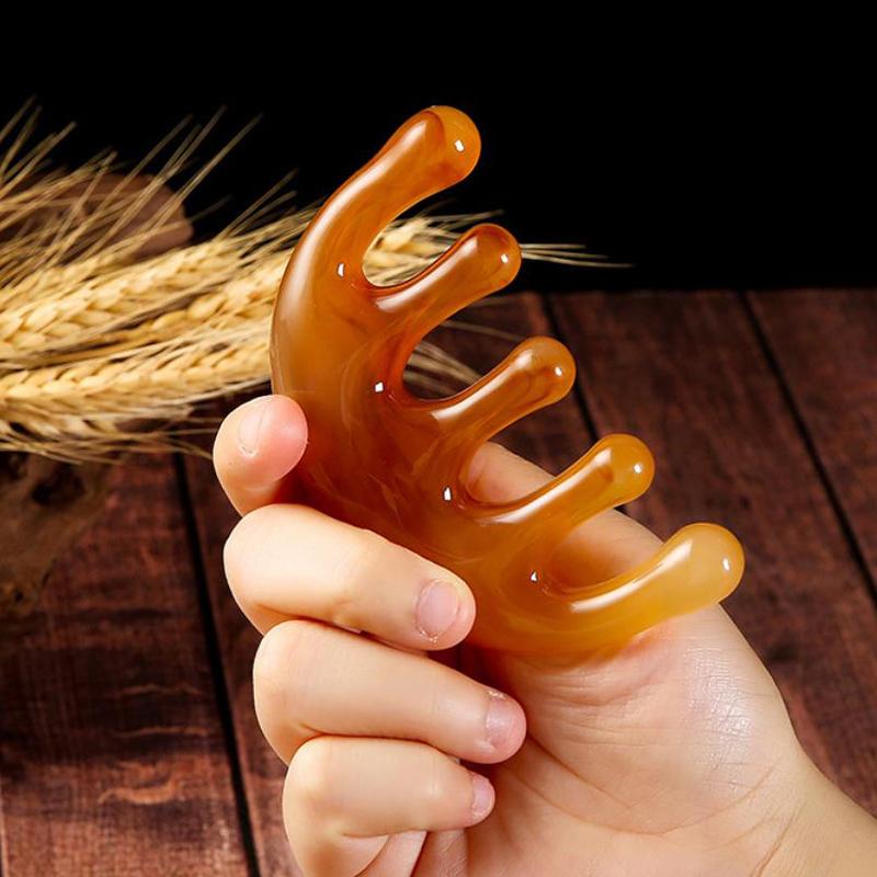 Große Zähne Kopf Akupunkturpunkt 5-Zahn Meridian Blut Massagekamm Harz Großzahn Kopfmassagegerät 5-Pfoten Halbrund Form Kamm