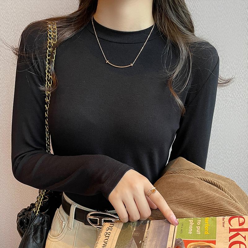 Weißes Rundhals-Unterhemd für Damen im Herbst und Winter, Neues einfarbiges langärmeliges T-Shirt, Slim-Top