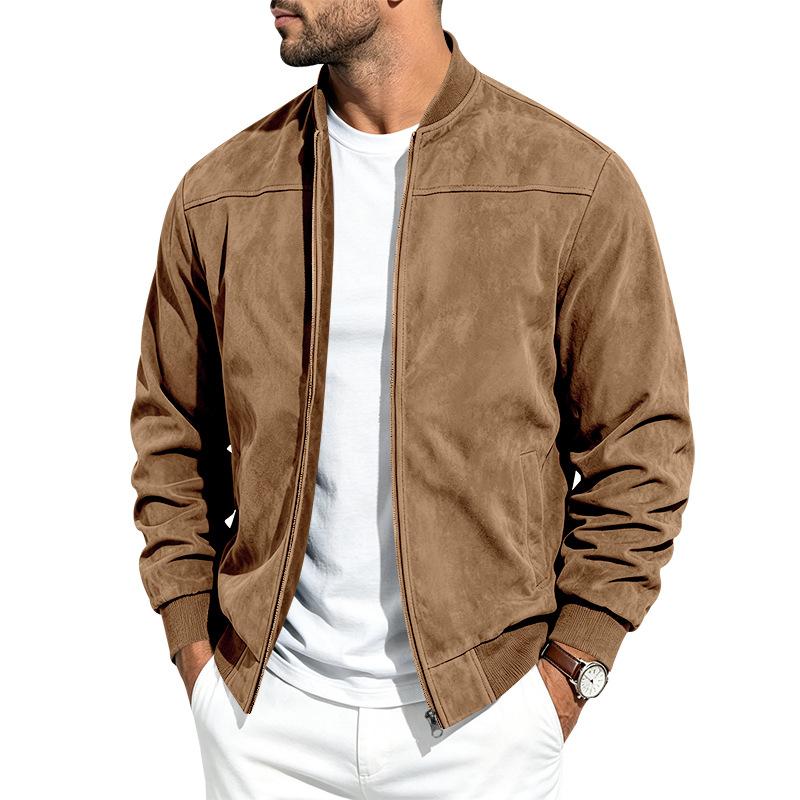 Men Faux Suede Bomber Jacket Zip‑Up Baseball Collar Casual Long Sleeve Outerwear Lightweight Fall Pilot Coat