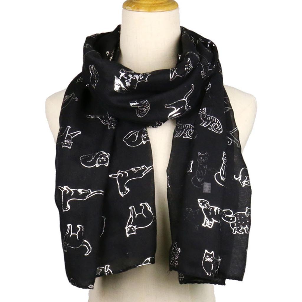 Kadın Moda Kedi Folyo Baskılı Eşarp Wrap İpek Şal Seyahat Atkılar