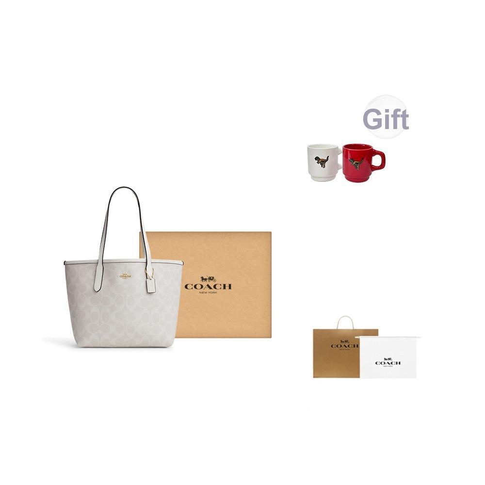 Coach Borsa Tote Classica con Logo Dorato e Motivo Floreale, Chiusura a Bottone, da Donna, Colore Chalk Glacier-White CN733-IMRFF
