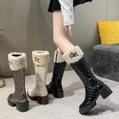 Short Plush Women Knee High Boots Fashion Plaid Round Toe Long Boots Woman Chunky Heels Booties Female Platform Botas 2024