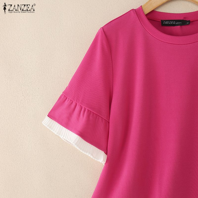 ZANZEA Women Casual Round Neck Summer Short Sleeve Blouse