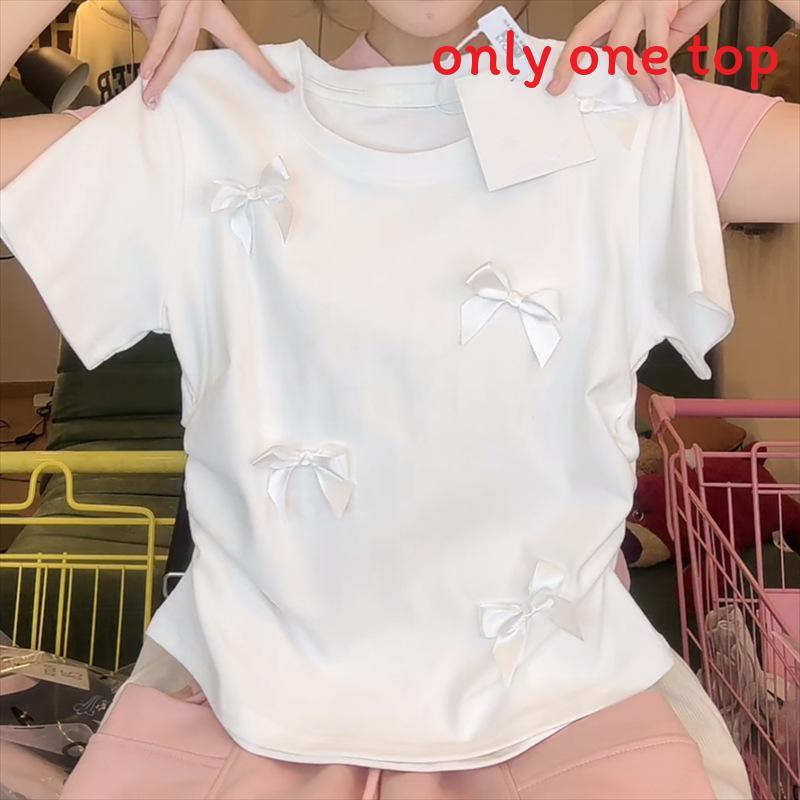 Tshirt With Butterfly Bow Pattern Polyester Short Sleeve Summer Casual Top For Women