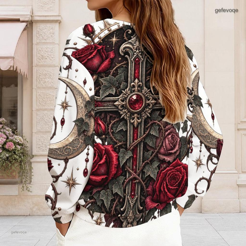 Women Plus Size V Neck Half Zip Long Sleeve Gothic Castle Raven Rose Printed Sweatshirt