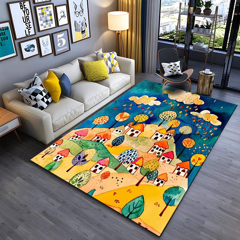 Colorful Cartoon Village Pattern Carpet with Trees and Clouds Design Suitable for use as an anti-slip for living room bedroom sofas