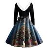 Women's Fashion Round Casual Slim Fit Christmas Print Large Swing Long Sleeve Dress