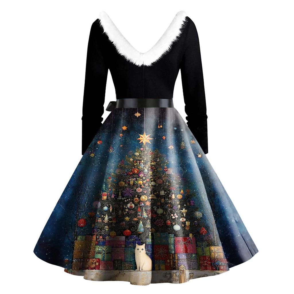 Women's Fashion Round Casual Slim Fit Christmas Print Large Swing Long Sleeve Dress