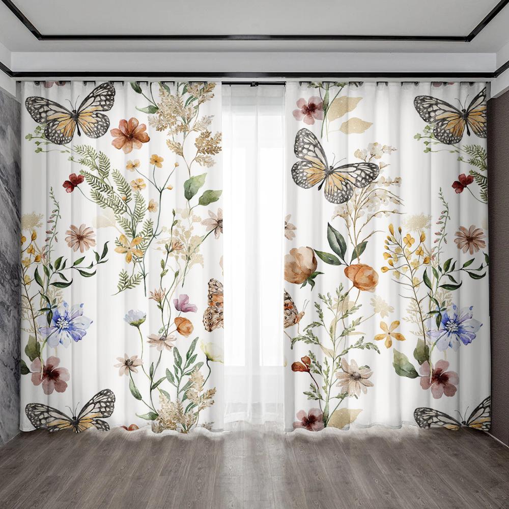 2 st Heminredningsgardiner med blomma och fågelbakgrund och kanalgardiner, Lämpliga för kök, kaféer, vardagsrum