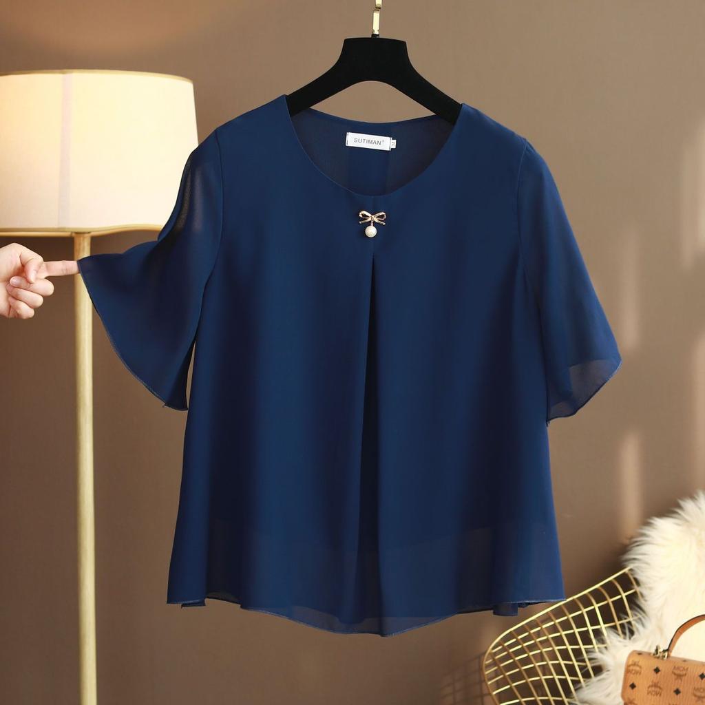 WTEMPO Šifonová halenka Dámský top Jednobarevný Kulatý výstřih Volný Pulovr Košile Halenka Dámské oblečení Ležérní Letní top