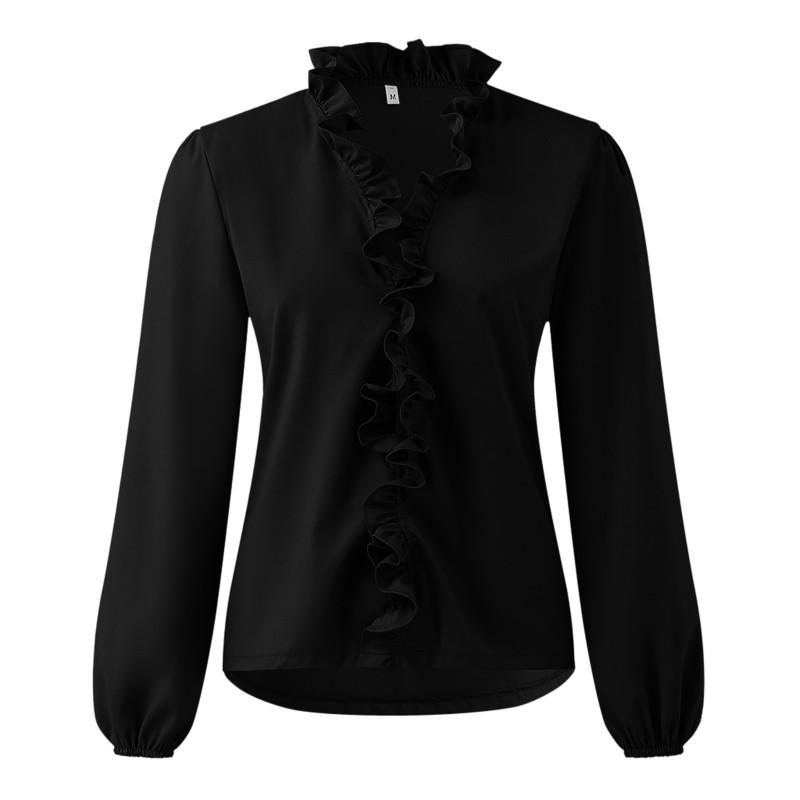 Tooxika New Large Size Women's Long Sleeve Tops V-neck Solid Color Ruffled Shirt