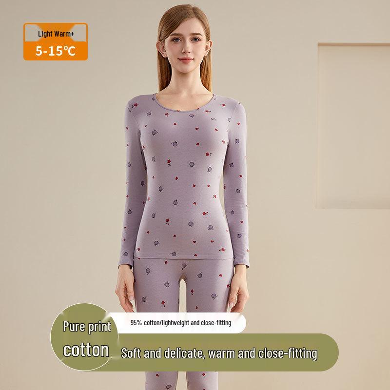Women's Pure Cotton Cartoon Print Warm Underwear Set - Autumn/Winter Thin Base Layer Sweater & Leggings