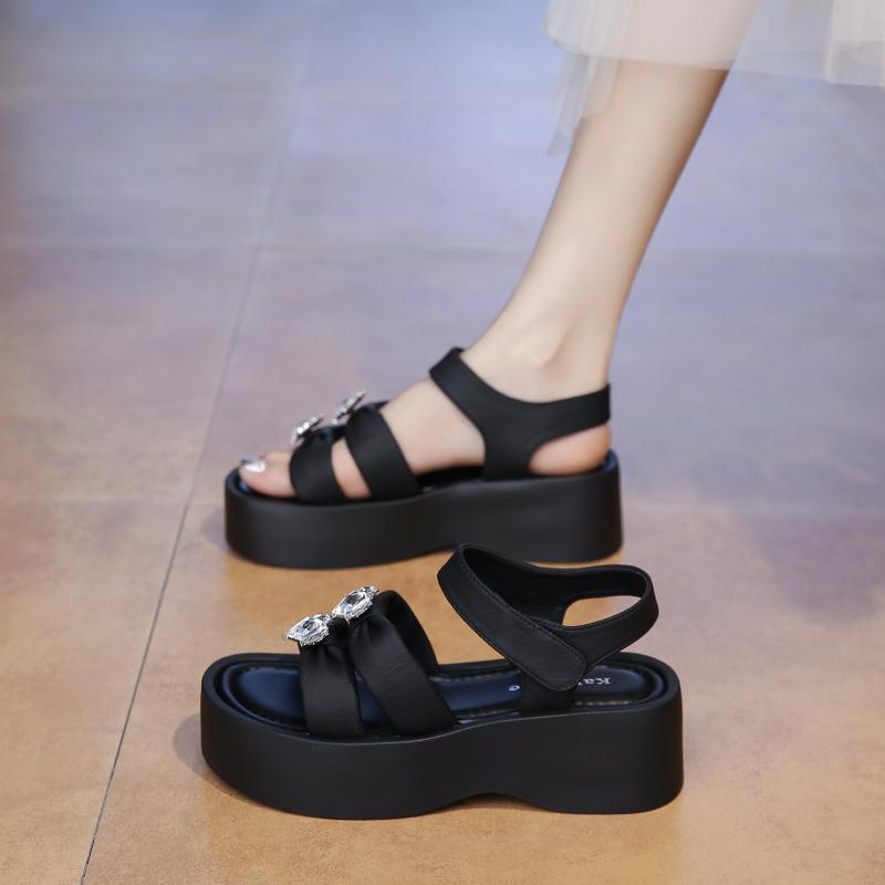 CRLAYDK Womens Strappy Wedge Rhinestone Sandals Outdoor Summer Leather Slides Soft Beach Ladies Open Toe Dressy Walking Slippers