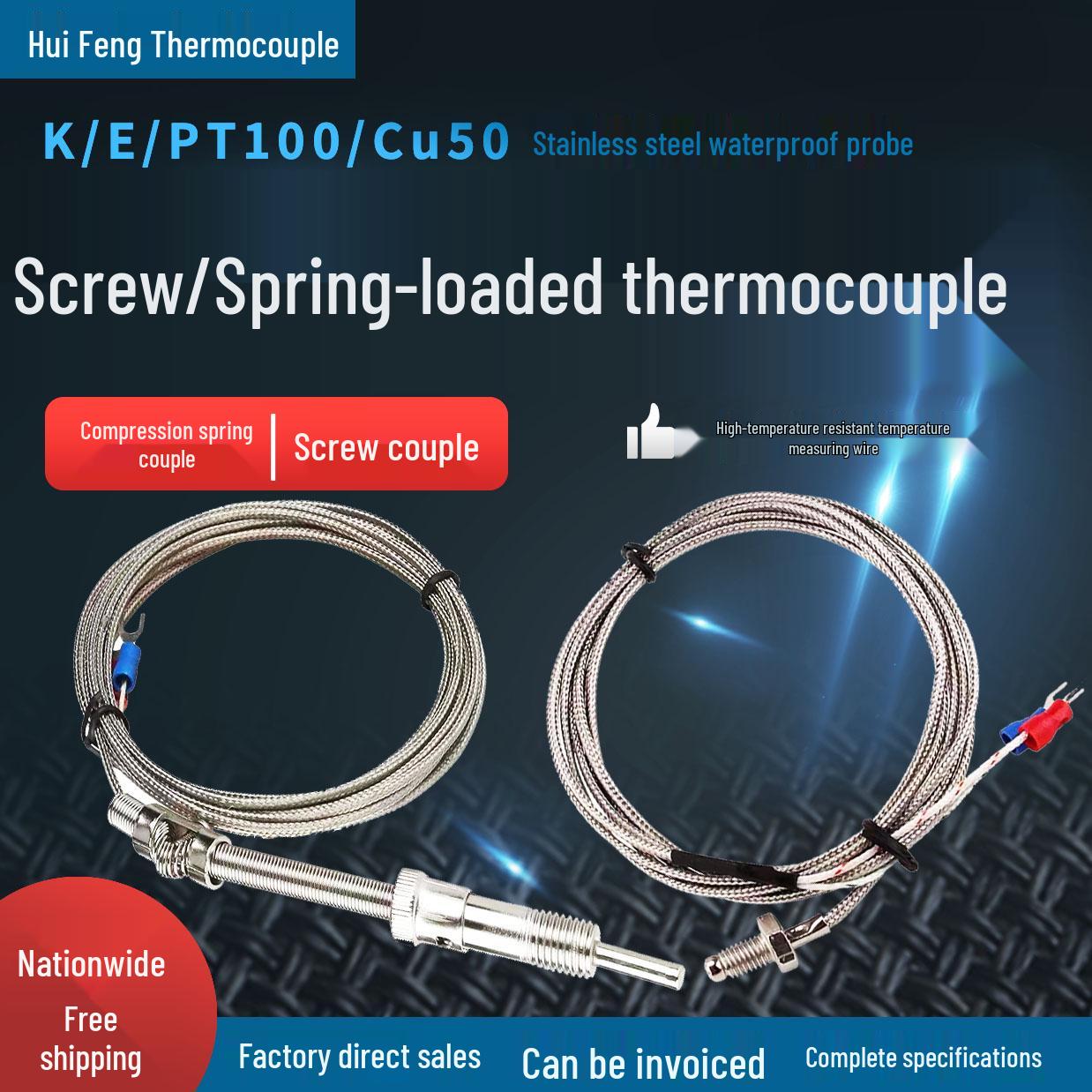 

K-type/E-type PT100 Thermocouple Temperature Sensor: Spring-loaded Screw-in Temperature Probe Custom length and thread