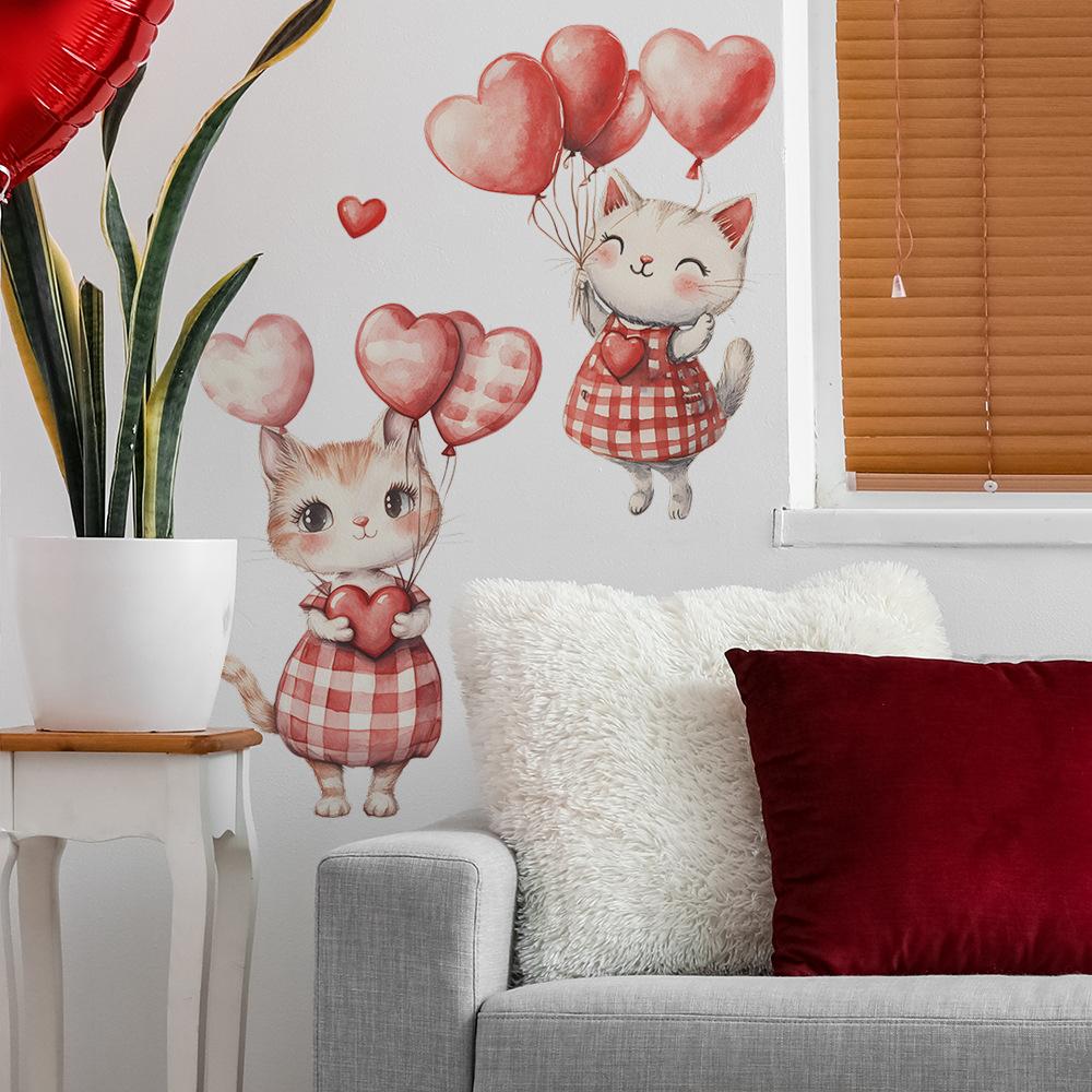 Cartoon Cute Little Cat Heart Balloon Bedroom Living Room Entrance Hall Home Background Beautification Wall Stickers