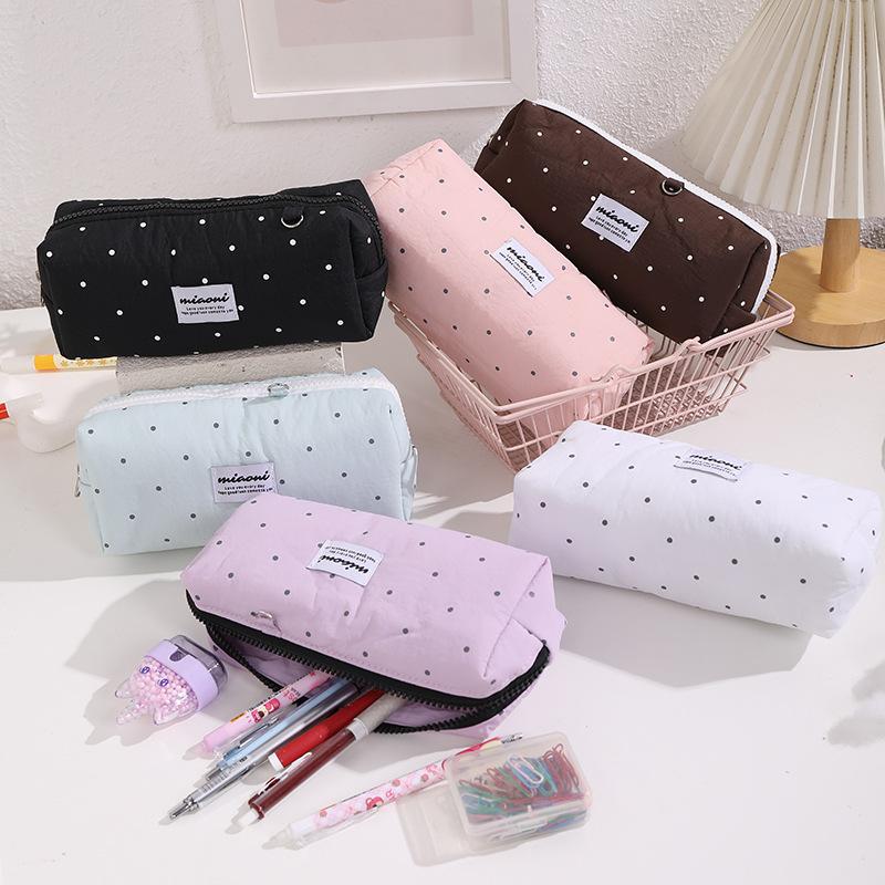 1Pcs  Korean Polka Dot Solid Color Pencil Case Student Stationery Large Capacity Storage Pen Bag Cute Girl Makeup Bag