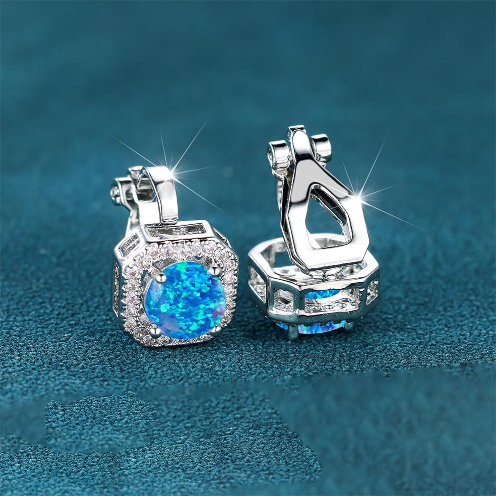 Cute Fmeale Blue Fire Opal Stone Square Clip Earrings Vintage  Color Wedding Jewelry For Women